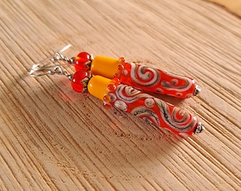 Silver - Yellow orange silver murano glass earrings, artisan summer glass earrings, long glass bead earrings