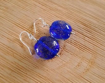 Glitter - Gold midnight blue spun glass earrings, party blue murano glass earrings with golden glitter