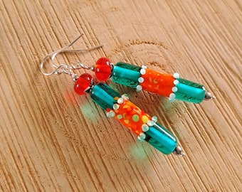 Garden - Long earrings in orange water green glass, summer murano glass earrings, long glass bead earrings