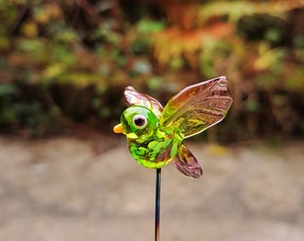 Green Murano glass bird - Spun glass bead bird on stem, glass bird to plant plant decoration, glass garden bird decoration