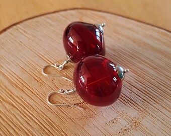 Red - Large red hollow glass earrings, garnet red murano glass earrings, red glass beaded earrings