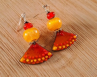 Bubbles - Yellow orange bubble glass and enamel earrings, murano glass sun bubble earrings, yellow enamel earrings