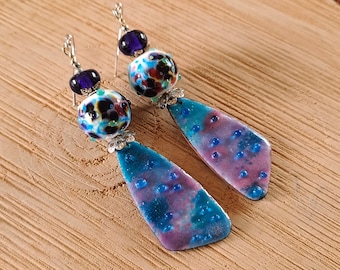 Jardin - Pendientes largos de cristal y esmaltes multicolores, pendientes de cristal de murano azul rosa violeta, pendientes de esmalte