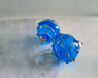 Swirl - Turquoise hollow glass earrings, silver murano glass earrings, lampwork glass earrings