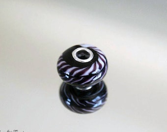 Lampwork spun glass bead - large silver hole - *zebra* black/white- murano glass bead- bracelet bead- murano glass bracelet