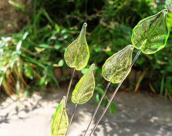 Feuille - Une feuille en verre à planter, feuille verre murano décoration plante, feuille verre sur tige, feuille verre pour bouquet fleurs