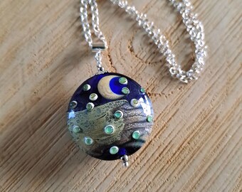 Moon - Night blue moon glass and silver pendant, murano glass lunar landscape necklace, midnight blue silver moon spun glass pendant