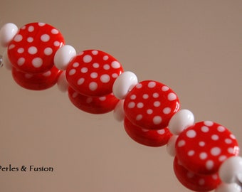 Set of lampwork spun glass beads *dots* red and white, Murano glass beads dots, red and white dots glass beads, jewelry creation beads