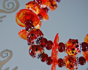 Glass beaded necklace spun with blowtorch: fire-red/orange/yellow, pearl necklace murano red glass, red glass necklace love