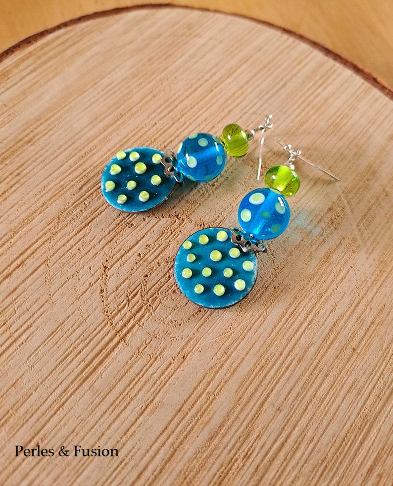 Peas Blue-green polka dot glass and enamel earrings, turquoise murano glass earrings, enameled glass beads on copper image 4