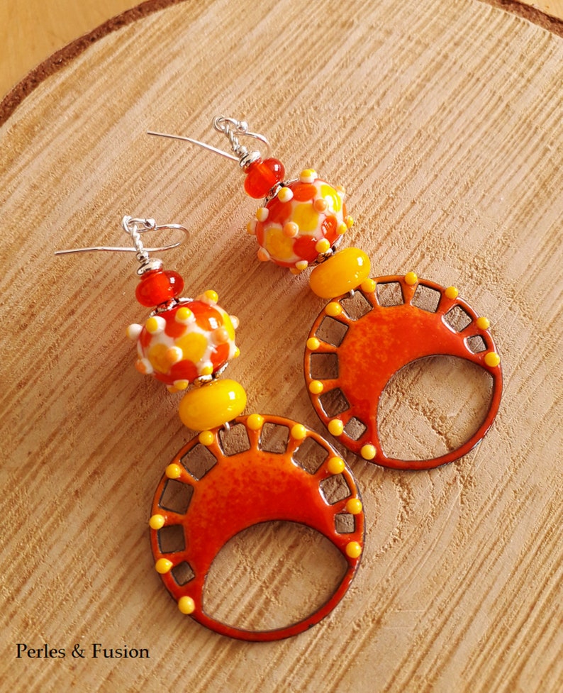 enamelled murano glass earrings on copper sun glass earrings Sunset Glass earrings and yellow orange enamels