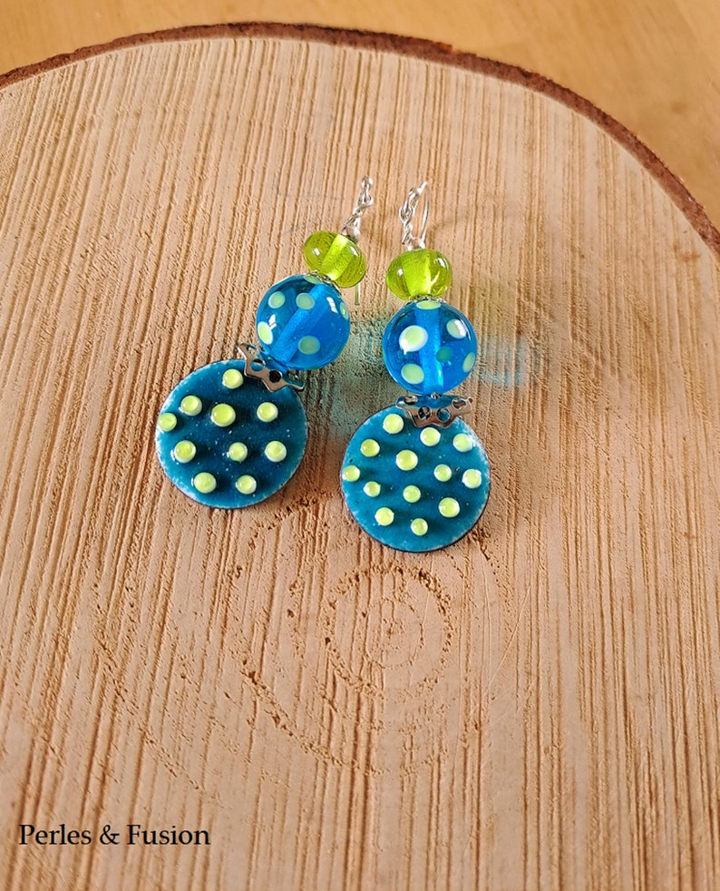 Peas Blue-green polka dot glass and enamel earrings, turquoise murano glass earrings, enameled glass beads on copper image 1