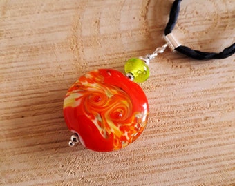 Imagination- Multicolored orange glass pendant, green orange murano glass necklace, silver multicolored spun glass pendant