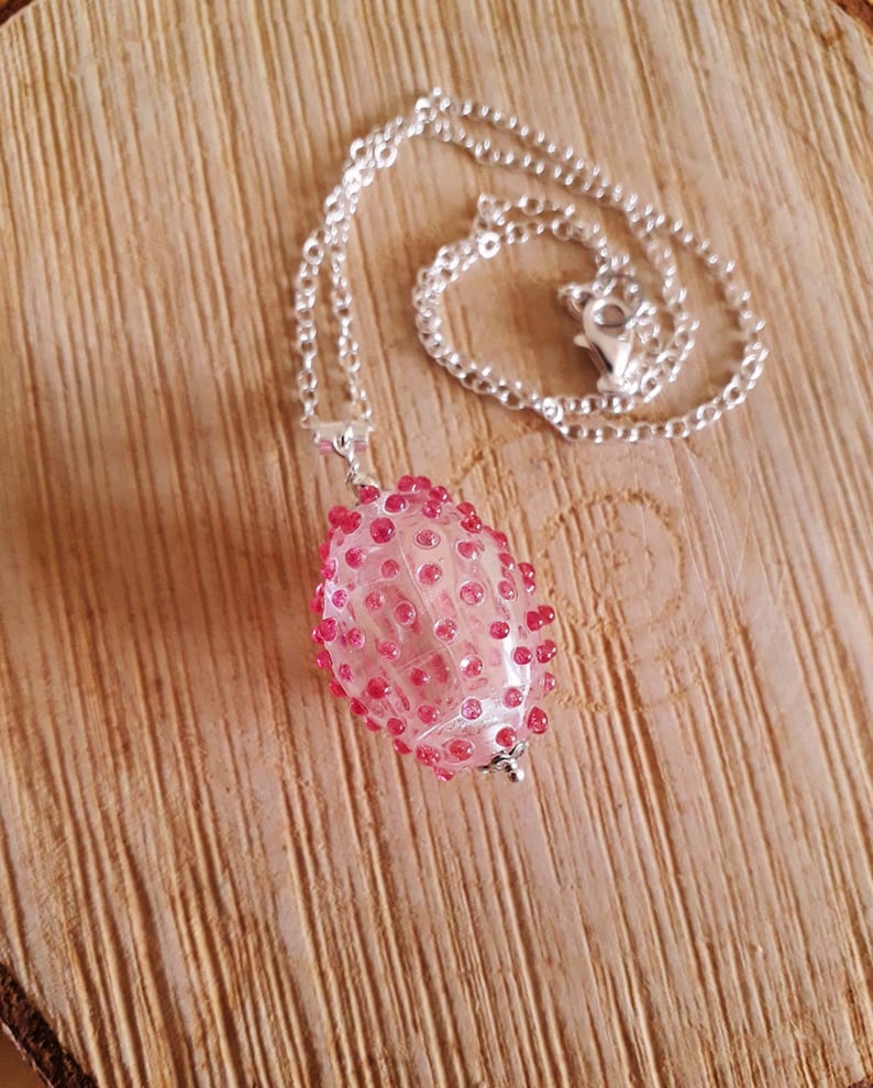 Sea urchins Raspberry pink glass and silver necklace sea urchin, pink murano glass pendant, transparency pink sea urchin pendant image 3