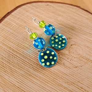 Peas Blue-green polka dot glass and enamel earrings, turquoise murano glass earrings, enameled glass beads on copper image 2