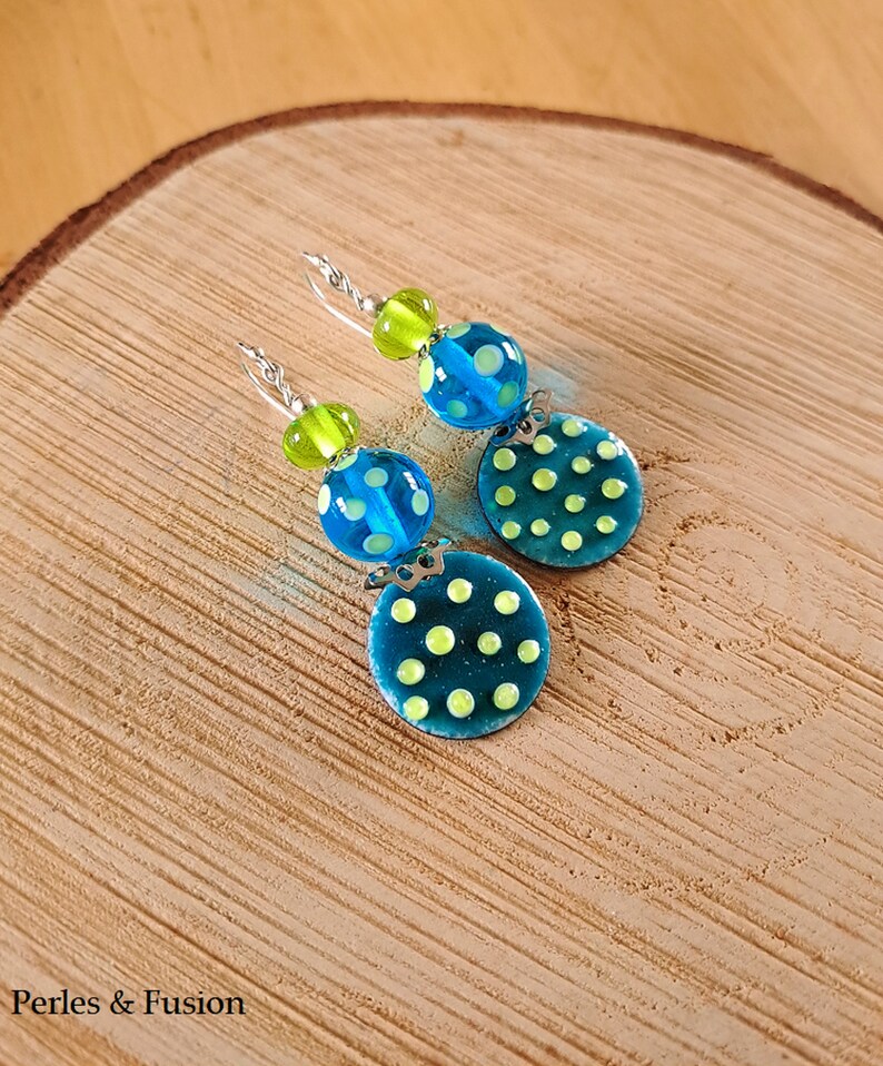 Peas Blue-green polka dot glass and enamel earrings, turquoise murano glass earrings, enameled glass beads on copper image 2