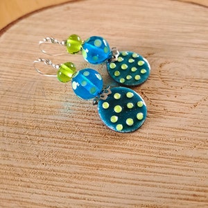 Peas Blue-green polka dot glass and enamel earrings, turquoise murano glass earrings, enameled glass beads on copper image 3