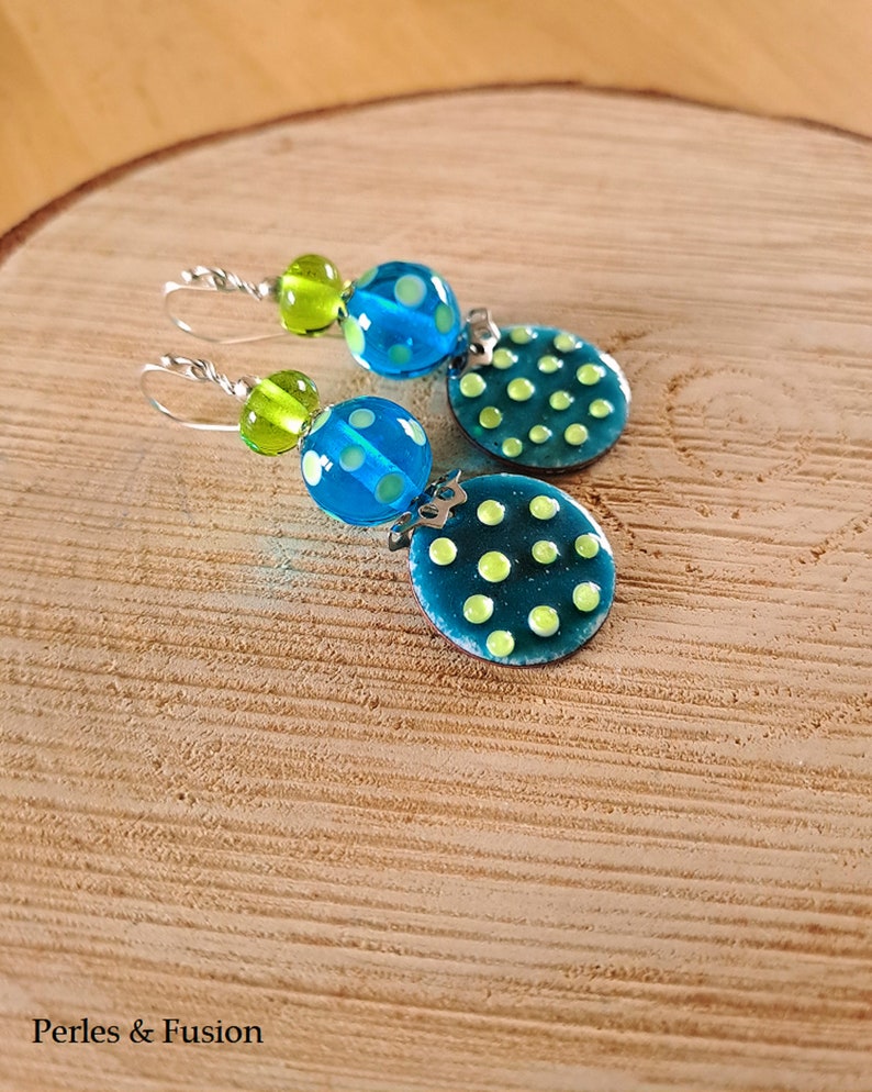 Peas Blue-green polka dot glass and enamel earrings, turquoise murano glass earrings, enameled glass beads on copper image 3