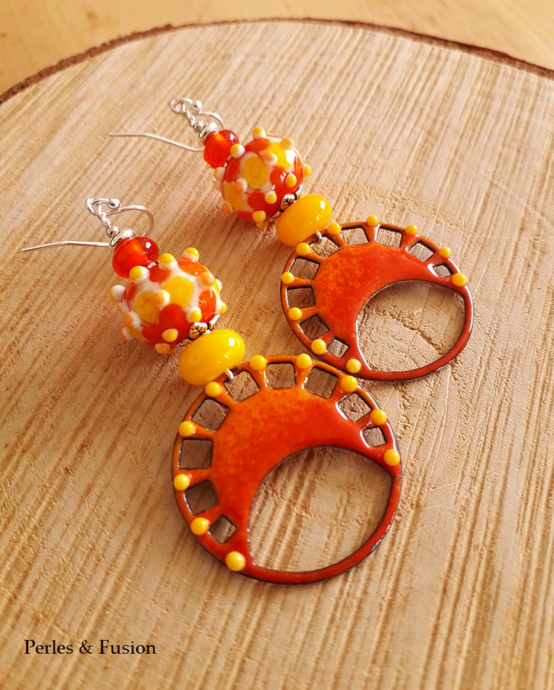 enamelled murano glass earrings on copper sun glass earrings Sunset Glass earrings and yellow orange enamels