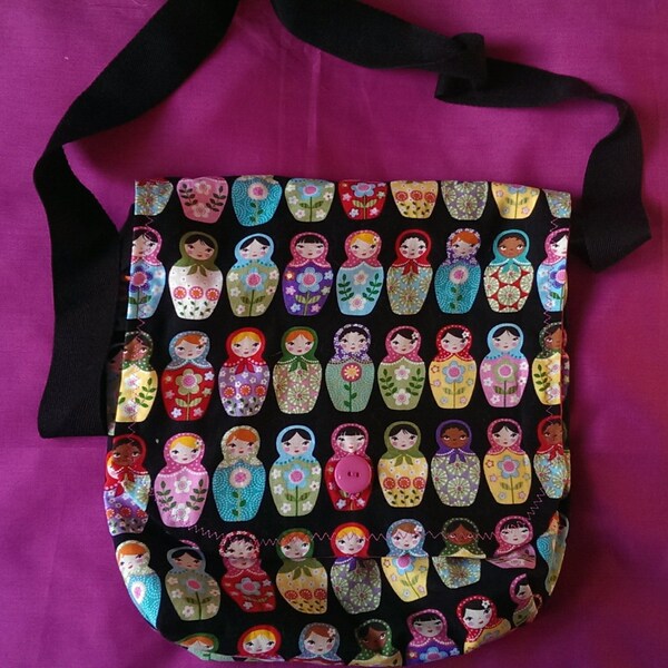 Russian doll fully lined handmade cotton messenger bag