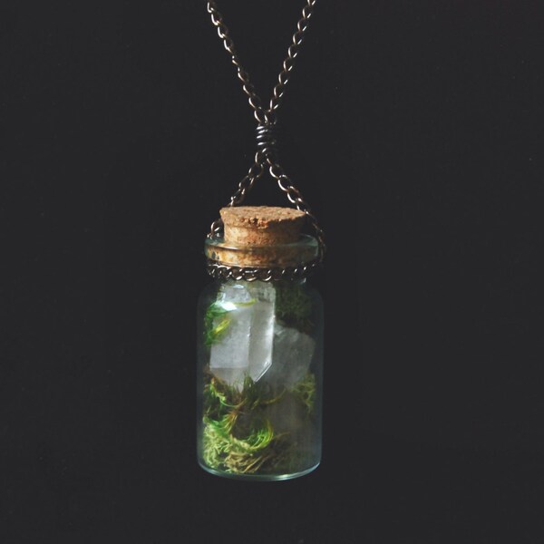 Forestry Necklace - mini moss terrarium raw natural quartz crystals, extra long chain, forest nature fairy magic