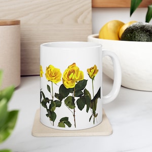 Roses in a Row Yellow Mug, 11 oz, Yellow Rose Mug, Gift for Mom, Gift for Her, Birthday Gifts, Flower Vibe Gift, Cottagecore Décor