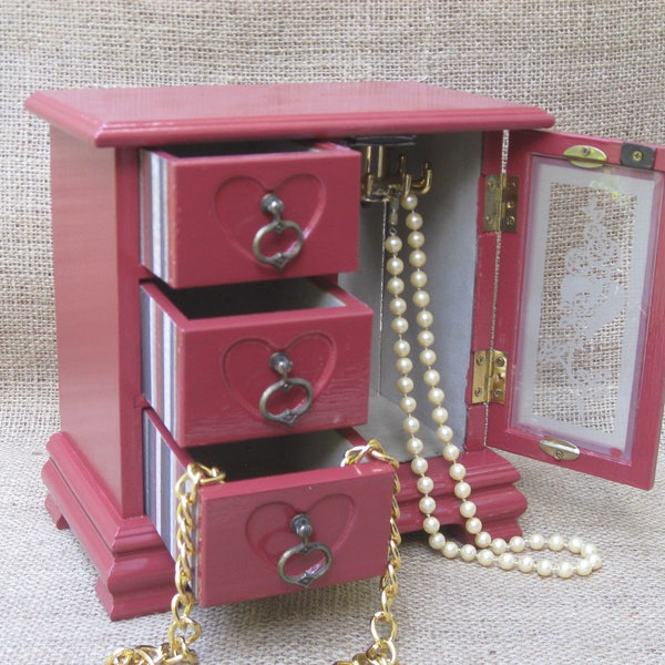 Painted Vintage Jewelry Box Armoire Upcycled Shabby Chic Rose Red w/Coordinating Paper, Gift for girl, Gift for Mom