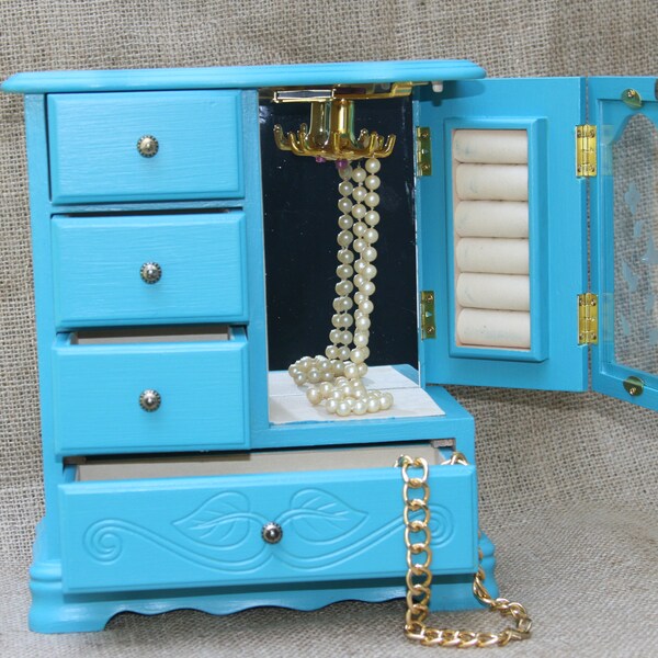 Painted Vintage Jewelry Box/Armoire Upcycled Shabby Chic Turquoise Matching Paper