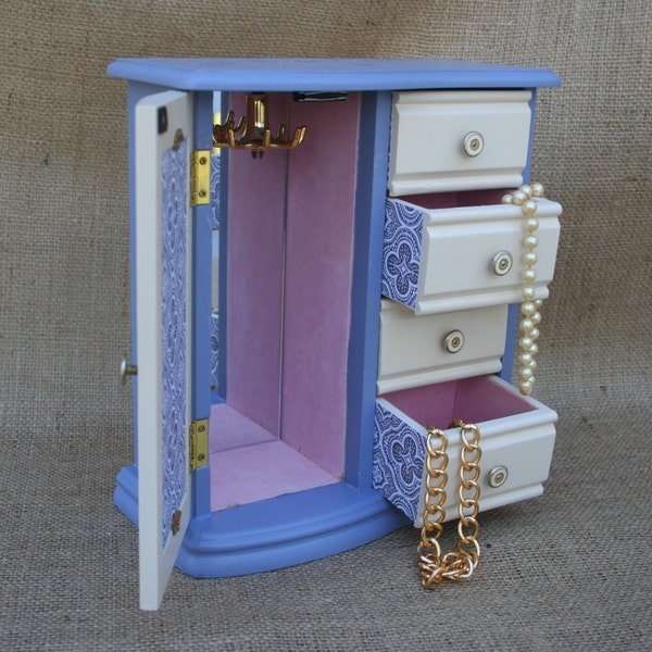 Painted Vintage Jewelry Box Armoire Upcycled Shabby Chic Purple & White w/Coordinating Paper