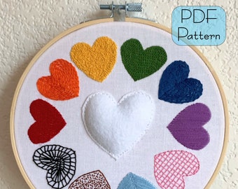 Heart Fill Sampler - Embroidery Pattern - PDF -  Rainbow - Trans - Progress Pride