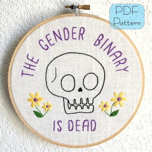 Peut inclure: Art de broderie sur un cercle avec un crâne et le texte "The Gender Binary is Dead". Le crâne est noir et blanc, et le texte est violet. Il y a des fleurs jaunes autour du crâne.