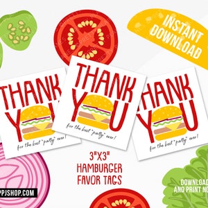 INSTANT DOWNLOAD Hamburger Favor Tags | Printable Birthday BBQ Favor Tag | Bbq Thank You | Boy or Girl Hamburger Diner Birthday Digital