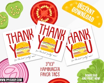 INSTANT DOWNLOAD Hamburger Favor Tags | Printable Birthday BBQ Favor Tag | Bbq Thank You | Boy or Girl Hamburger Diner Birthday Digital