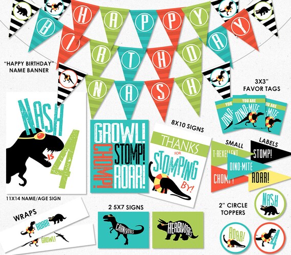 Dinosaur Pool Party Printables | Dinosaur Digital Party Decor | Dinosaur Banner, Favor Tags, Topper, Party Signs & Wraps Il_570xn