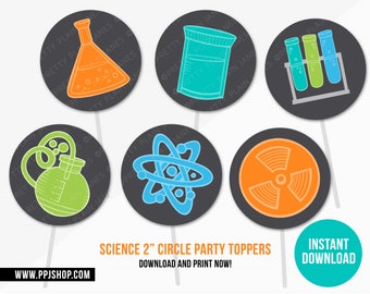 INSTANT DOWNLOAD Science Toppers | Printable 2" Circle Mad Scientist Tags | Chemistry Birthday Favors Digital | Boy Or Girl Science Party