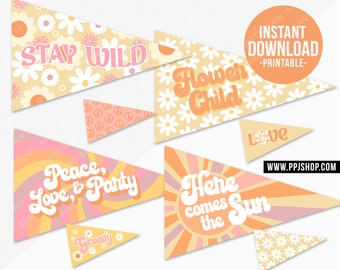 INSTANT DOWNLOAD Hippie Flower Child Party Pennants | 60s 70s Pastel Party Decor | Festival Birthday | Peace Love Party Decor