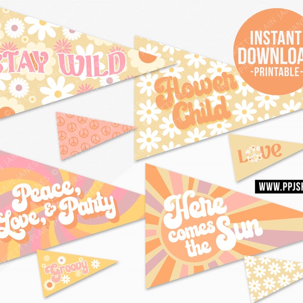 INSTANT DOWNLOAD Hippie Flower Child Party Pennants | 60s 70s Pastel Party Decor | Festival Birthday | Peace Love Party Decor