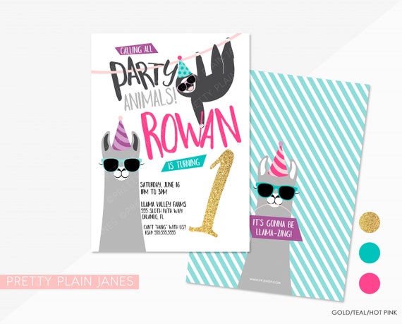 Party Animal Llama Sloth Birthday Invitation | Llama Birthday Party | Boy or Girl | Zoo Birthday Invitation | Party Animal Printable - 5X7 Il_570xn
