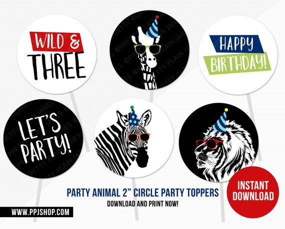 INSTANT DOWNLOAD Wild & Three Party Toppers | Party Animal Party Decor | Zoo 3rd Birthday | Wild 3rd Birthday | Printable Party Animal Il_570xn