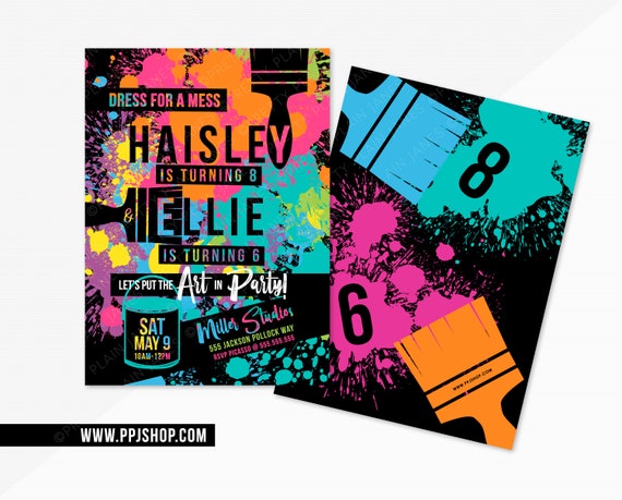 Splatter Paint Party Invitation | Twin Party Invite | Friend Art Party | Boy or Girl Neon Glow Paint Party | Sibling Paint Party Invite Il_570xn