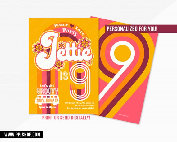 Peace Love Party Invitation | Hippie Birthday Invite | Hippie Boy or Girl Printable Invite | 70s 60s Birthday Party | Digital Retro Invite Il_570xn