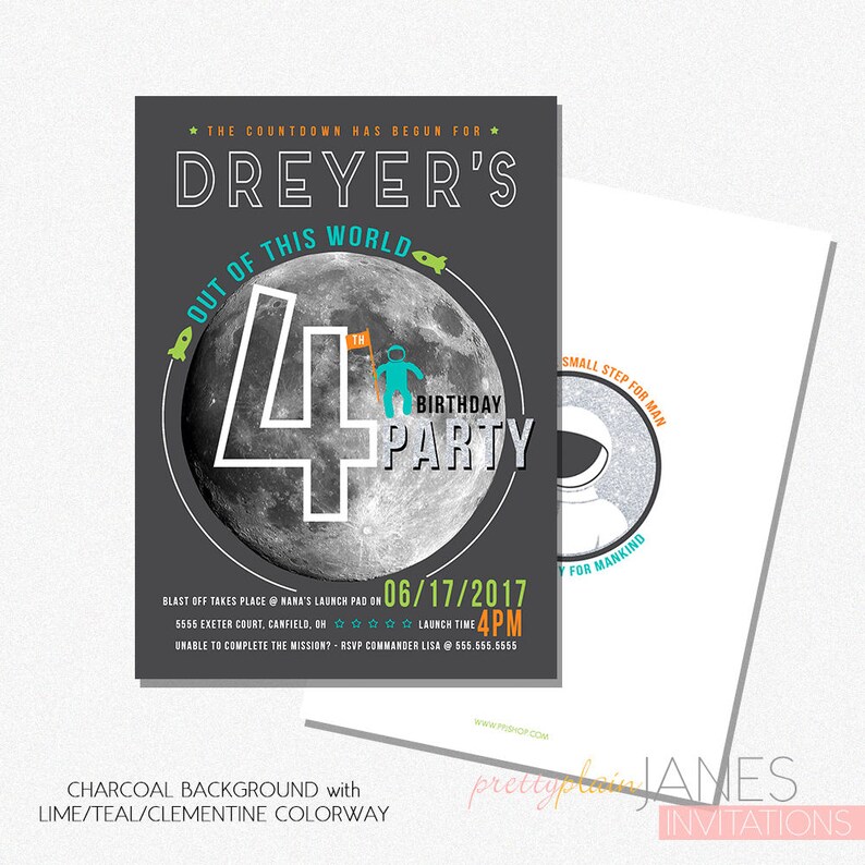 Out of This World Invitation  Digital Astronaut Invitation  Charcoal/Lime/Teal