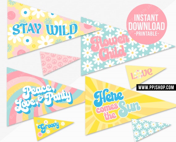 INSTANT DOWNLOAD Hippie Flower Child Party Pennants | Pink Blue 60s 70s Pastel Party Decor | Festival Birthday | Peace Love Party Decor Il_570xn