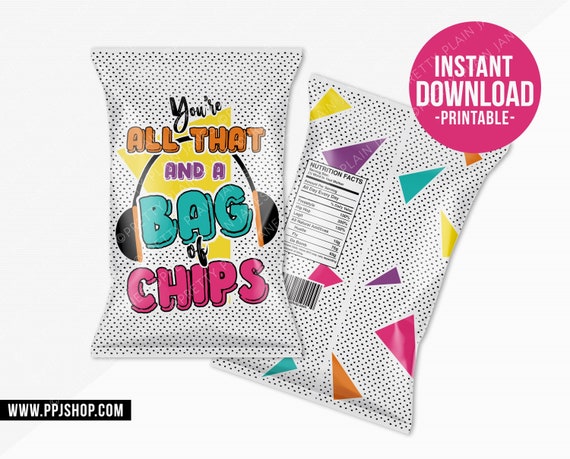 INSTANT DOWNLOAD 90s Neon Chip Bag Printable | All That and A Bag of Chips Neon Instant Download | Two Legit Chip Bag | 80s Party Chip Bag Il_570xn