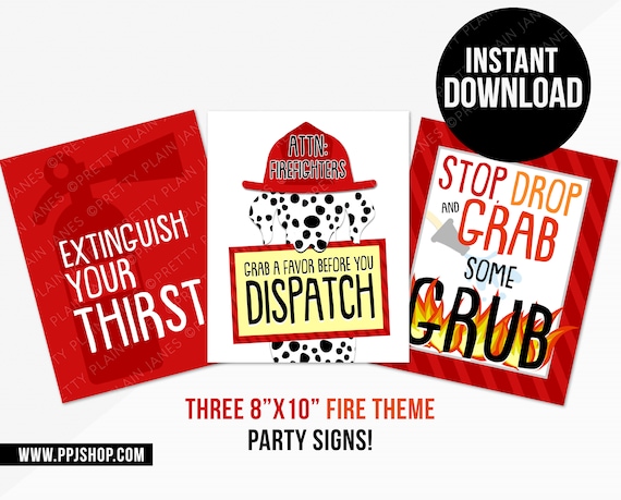 INSTANT DOWNLOAD Fireman Birthday Party Signs | Firetruck Printable Decor | Fire Truck Birthday Favor Food Drink Sign | Firehouse Birthday Il_570xn