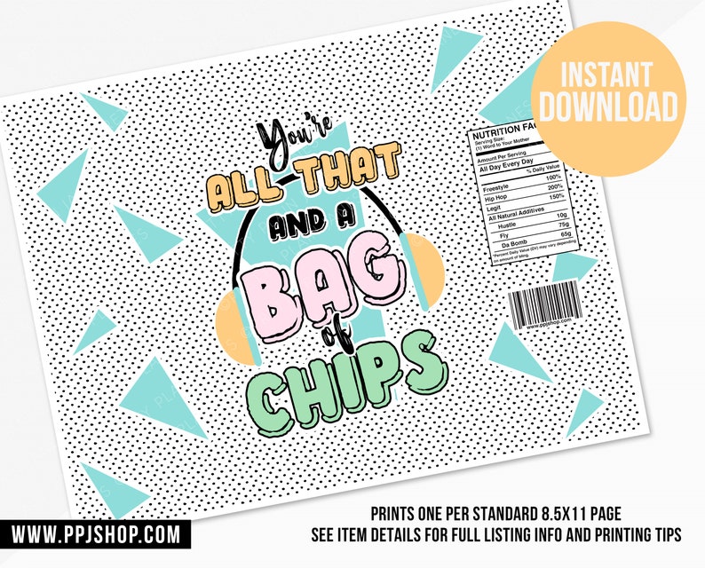 INSTANT DOWNLOAD 90s Hip Hop Chip Bag Printable All That and A Bag of Chips Instant Download Two Legit Chip Bag 80s Party Chip Bag image 2