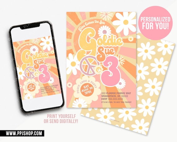 Flower Power Hippie Birthday Invitation | 60s Birthday Party | Two Groovy Birthday | Peace Love Invite | Hippie Festival Birthday Il_570xn