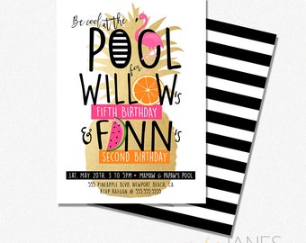 Joint Pool Party Invitation | Twin Pool Party Invite | Tropical Joint Invite | Digital Pool Party Invite - 5X7 with *bonus reverse side"