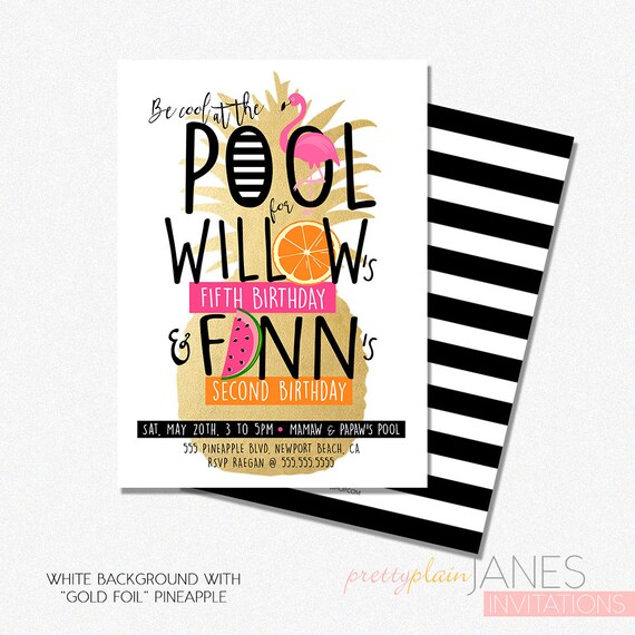 Joint Pool Party Invitation | Twin Pool Party Invite | Tropical Joint Invite | Digital Pool Party Invite - 5X7 with *bonus reverse side" Il_570xn