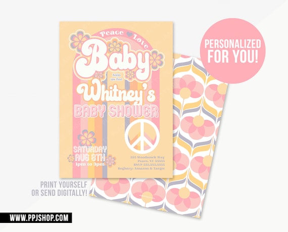 Peace Love Baby Invitation | Hippie Shower Invite | Groovy Baby Boy or Girl Printable Invite | 70s 60s Baby Shower | Digital Retro Invite Il_570xn